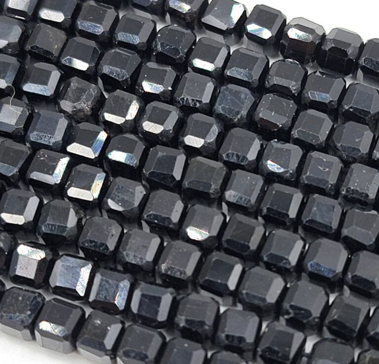 Faceted Cube Black Tourmaline Gemstone Bead, Cube Cut Genuine 100% Natural Tourmaline Grade AAA 15.5″ Full Strand, 4x4mm PRP719