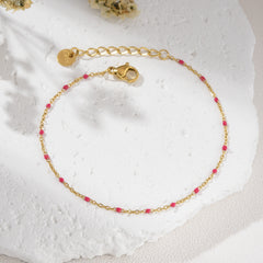 Gold Filled Pink Beaded Bracelet, Adjustable Dainty Chain, Minimalist Stainless Steel Jewelry for Women, Simple Stackable Gift, SBR042