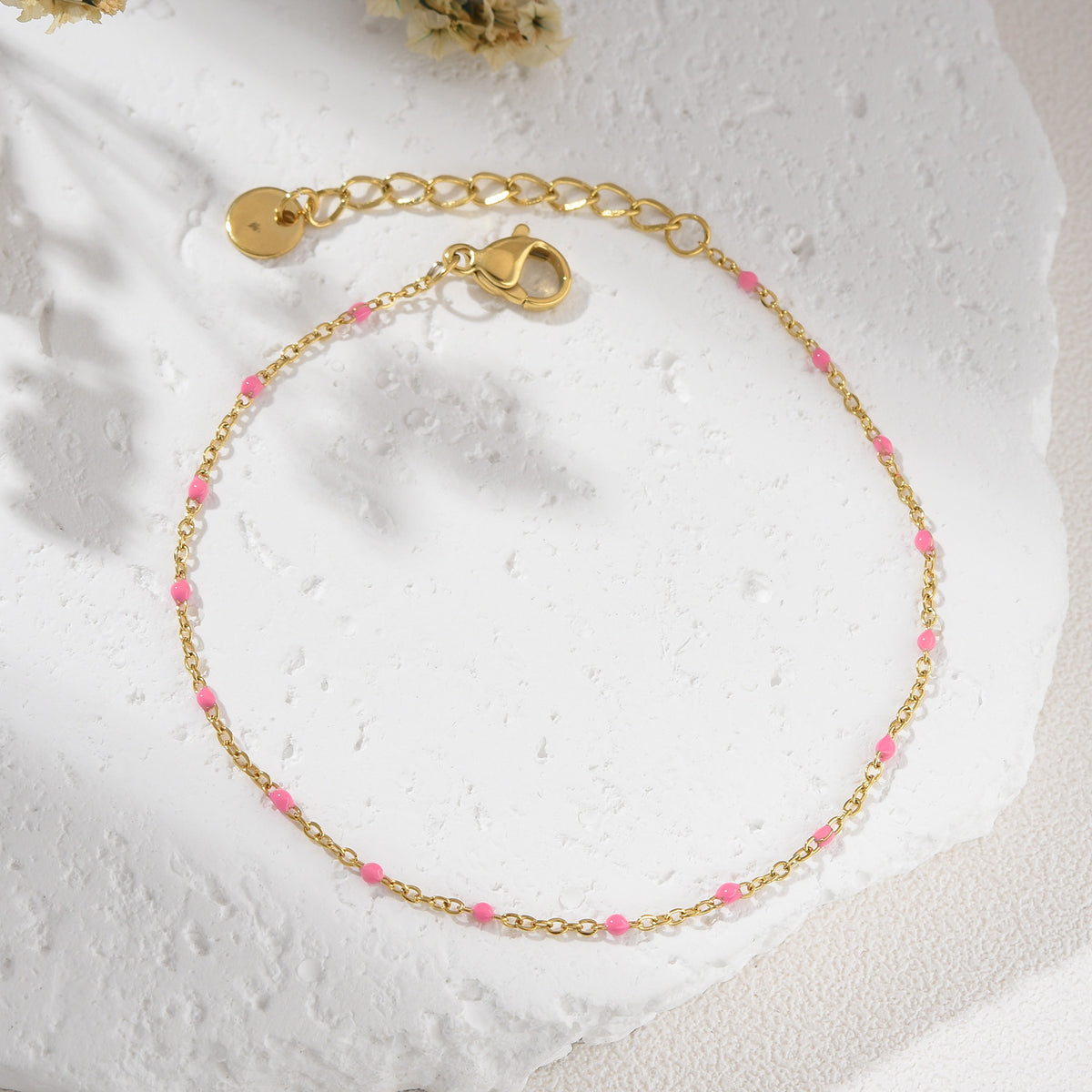 Gold Filled Pink Beaded Bracelet, Adjustable Dainty Chain, Minimalist Stainless Steel Jewelry for Women, Simple Stackable Gift, SBR042
