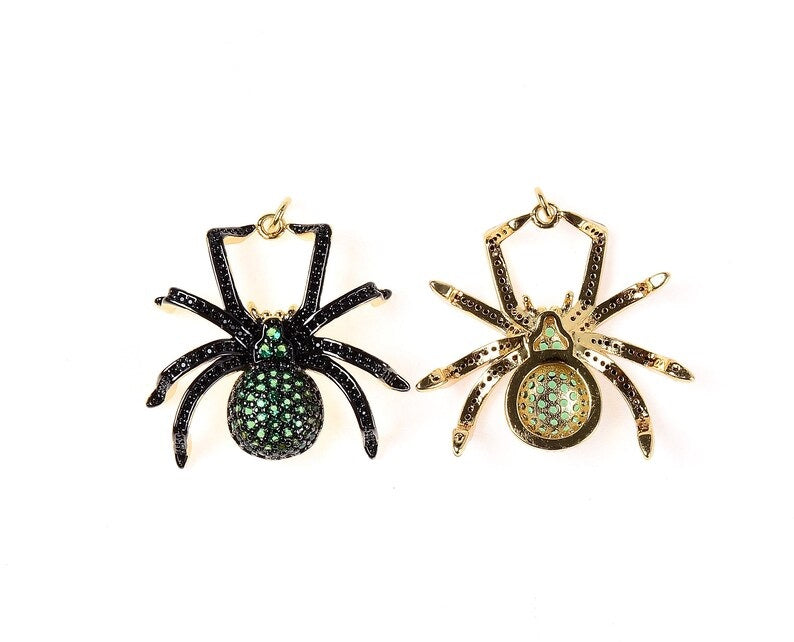 22K Gold Filled Emerald CZ Spider Tarantula Charm, Cubic Zirconia Micro Pave Spider Charm, Necklace Pave Pendant, Insect Jewelry, 34x33mm, CP192