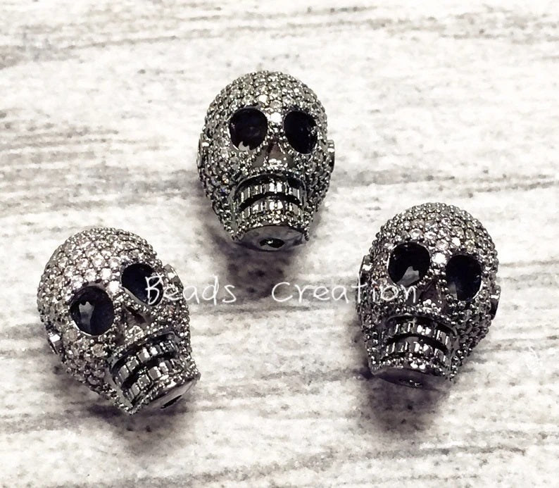 24K Gold Filled SKULL Bead, Micro Pave CZ Skull with Jet, Amethyst, Fire Opal, CZ beads, Black Rhodium Skull Bead, Halloween charm, 16X12MM, BD656