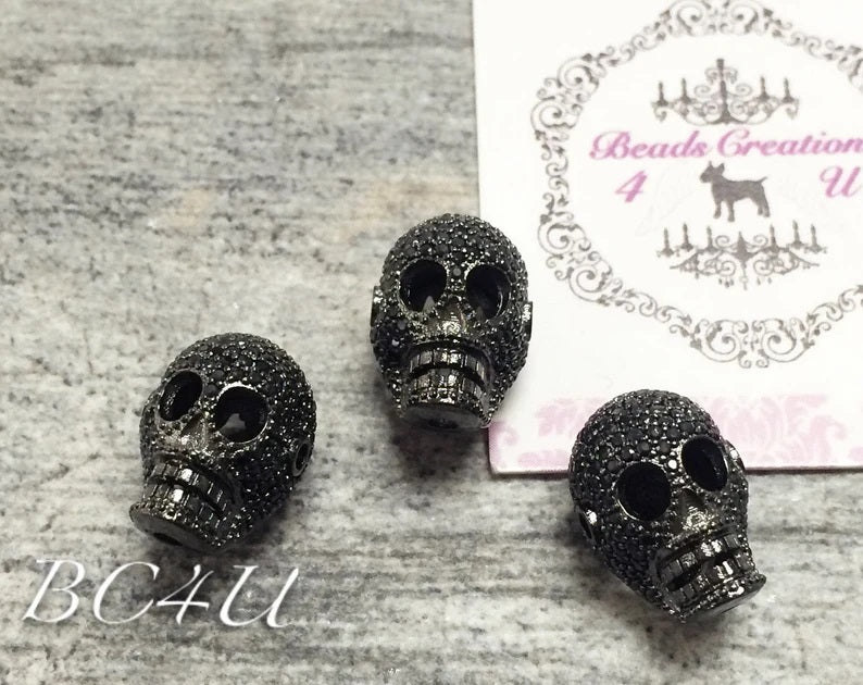 24K Gold Filled SKULL Bead, Micro Pave CZ Skull with Jet, Amethyst, Fire Opal, CZ beads, Black Rhodium Skull Bead, Halloween charm, 16X12MM, BD656