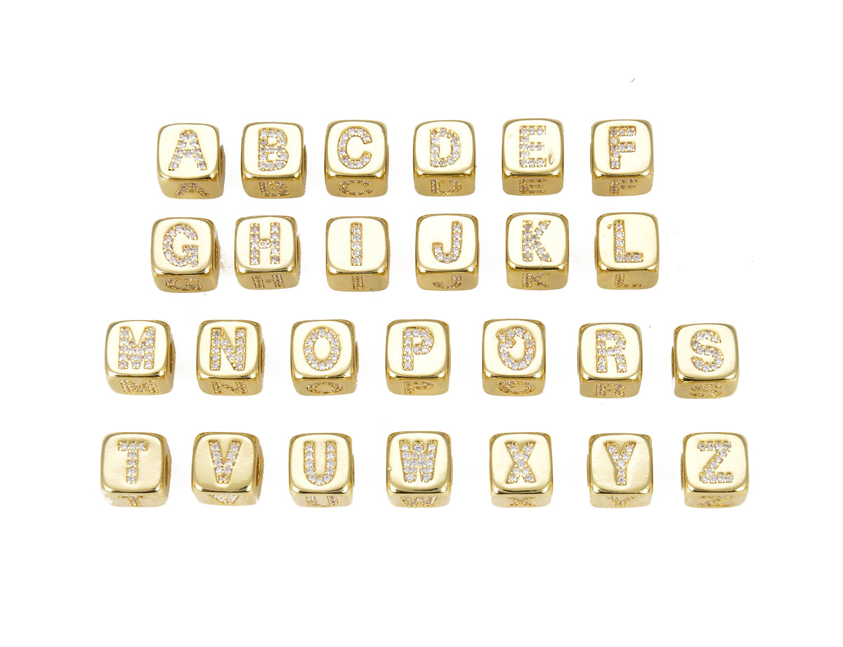 18K Gold Filled Cubic Zirconia Micro Pave Initial Letter Beads 9mm, BD954