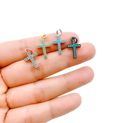 Turquoise Cross Charm 18K Gold Filled Micro Pave Turquoise Cubic Zirconia Gold, Rose Gold, White Gold, Black, Pave Cross Charm, CP007