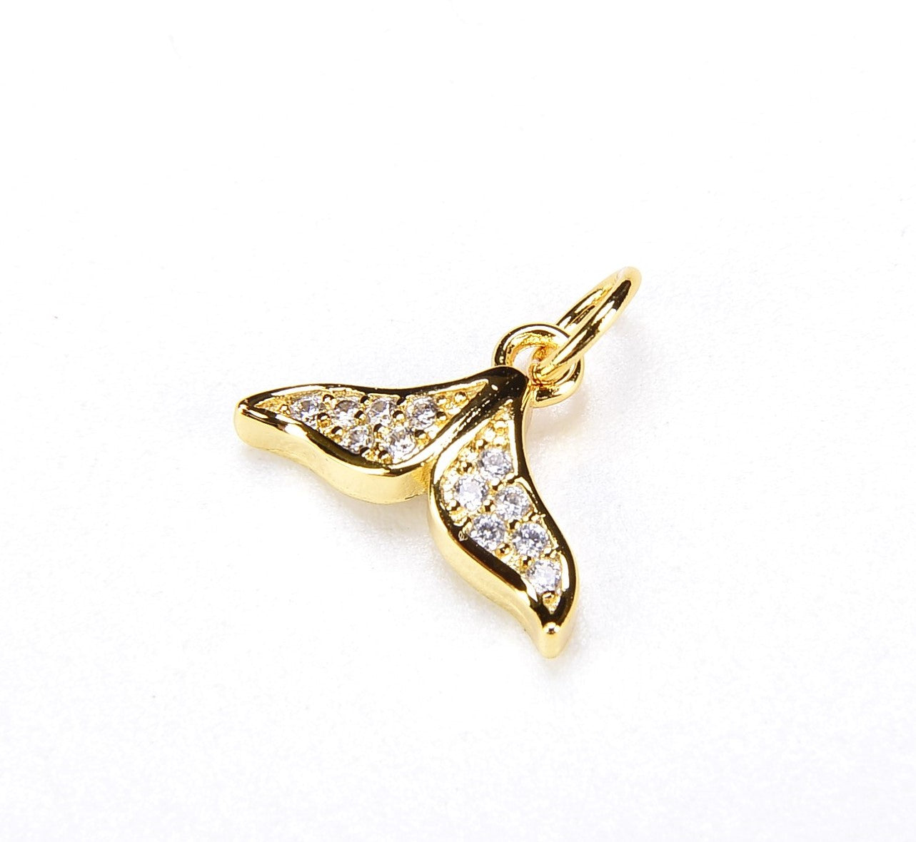 Ocean Whale Tail Charm, 18K Gold Micro Pave CZ Whale Tail charm, White Gold/Gold/Rose Gold/ Black Bracelet Charm, 13x9mmICP018