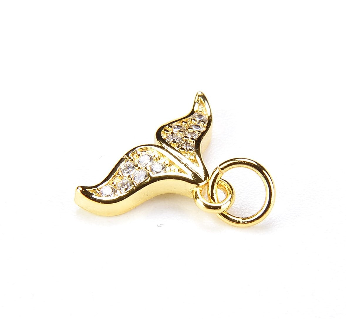 Ocean Whale Tail Charm, 18K Gold Micro Pave CZ Whale Tail charm, White Gold/Gold/Rose Gold/ Black Bracelet Charm, 13x9mmICP018