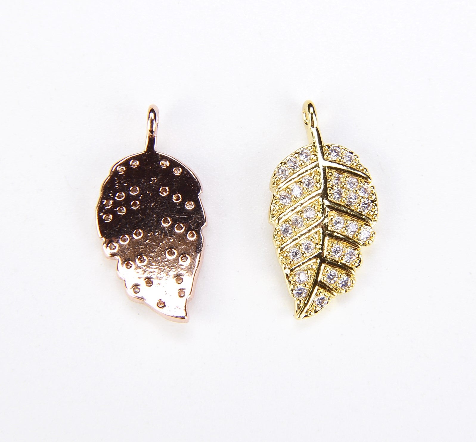 Feather/ LEAF charms, 24K Gold Micro Pave CZ Leaf charm, Cubic Zirconia , DIY bracelet charm,1/2pcs, 20x10mmI CP024