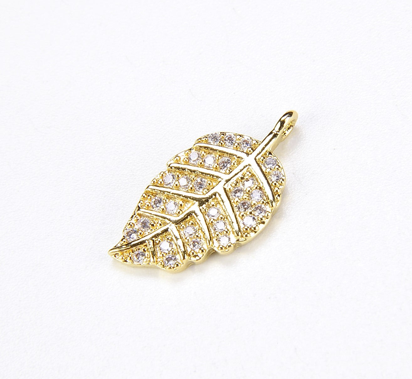 Feather/ LEAF charms, 24K Gold Micro Pave CZ Leaf charm, Cubic Zirconia , DIY bracelet charm,1/2pcs, 20x10mmI CP024