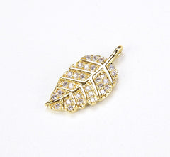 Feather/ LEAF charms, 24K Gold Micro Pave CZ Leaf charm, Cubic Zirconia , DIY bracelet charm,1/2pcs, 20x10mmI CP024