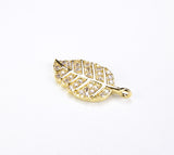 Feather/ LEAF charms, 24K Gold Micro Pave CZ Leaf charm, Cubic Zirconia , DIY bracelet charm,1/2pcs, 20x10mmI CP024