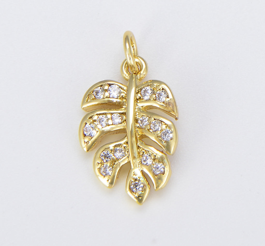 Dainty Gold Monstera Leaf Charms Pendant, 18K Gold Filled Leaf Charm DIY Earring Necklace Jewelry Accessory DIY Craft Micro Pave Charm CP025