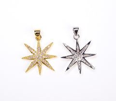 18K Gold Filled Starburst pendant/ Charm, Micro Pave CZ Christmas Holiday Star Pendant, Cubic Zirconia, 27x21mm, CP027