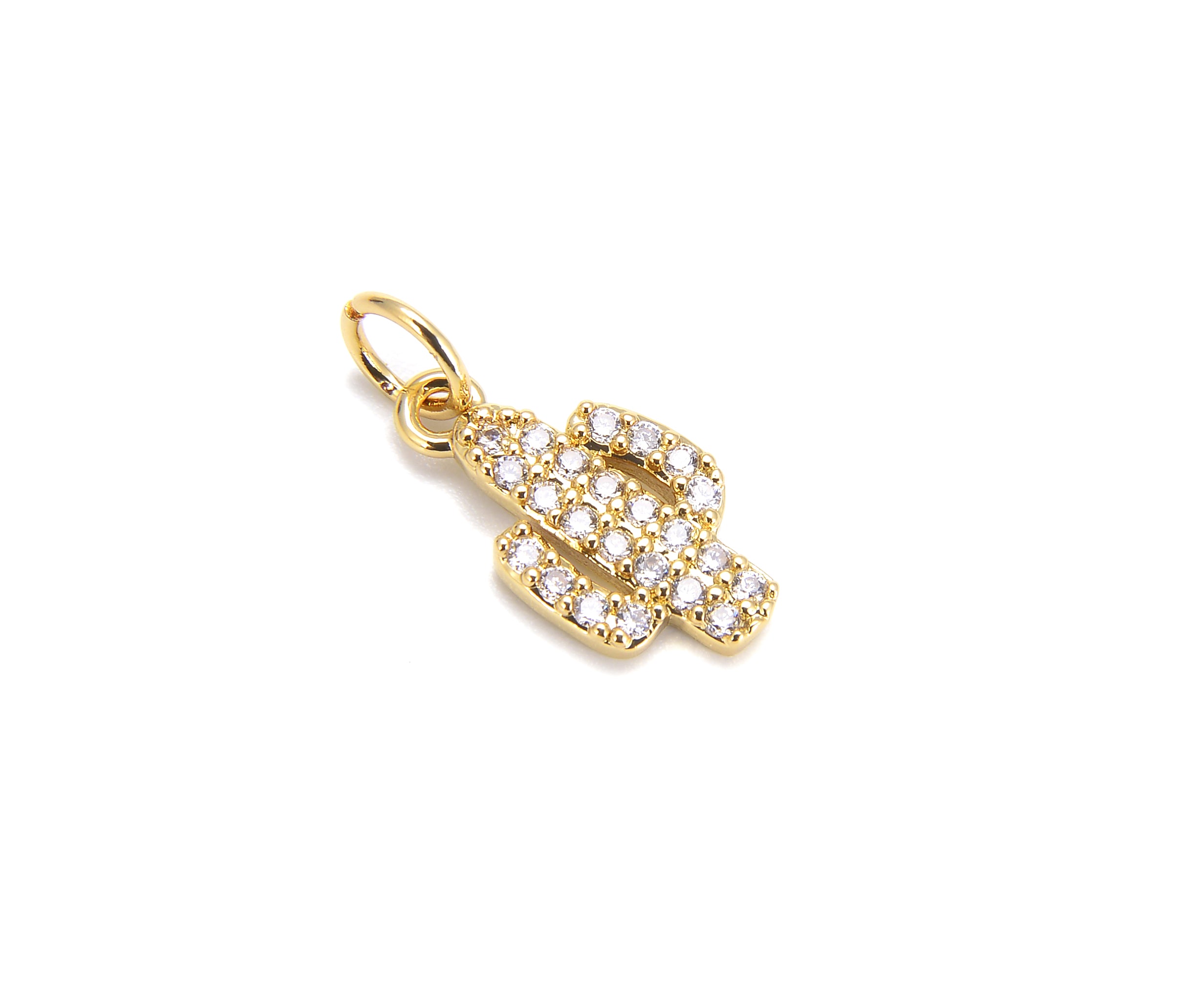 Cactus Charm, 18K Gold CZ Micro Pave Cactus Charm, Cubic Zirconia, Pave Cacti Pendant/Charm, Dessert Charm, 1/2pcs, 16x8mm, CP033