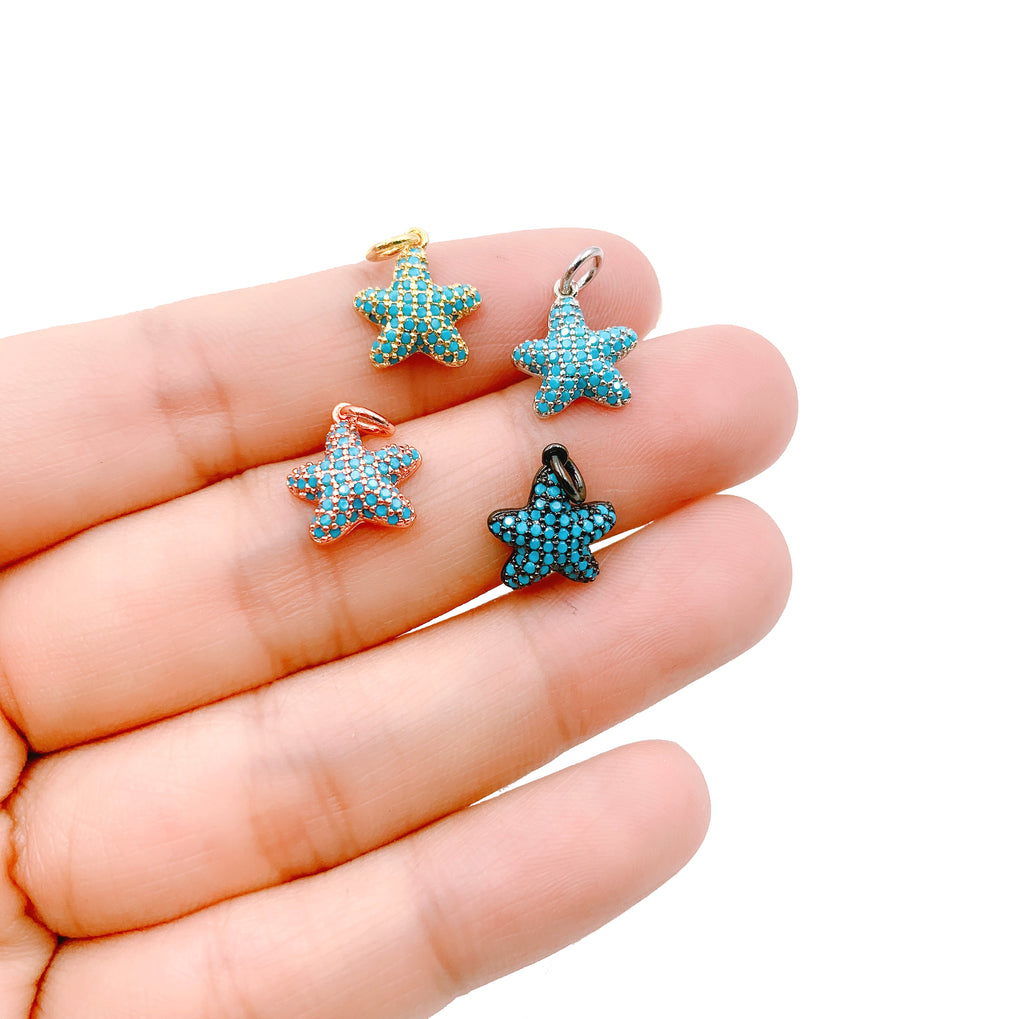 Turquoise Starfish Charm, 14K Gold Micro Pave CZ Starfish Pendant, Cubic Zirconia, Star Charm, Star Pendant, 12x11mm, CP037