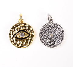 24K Gold Filled Coin Evil Eye Charm, CZ Micro Pave Evil Eye Charm, Amulet Evil Eye Charm, Evil Eye Necklace, Evil Eye Pendant 19x15mm, CP049