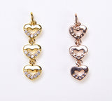 3 Link Heart Charm, 18K Gold  CZ Micro Pave Mini Tiny Heart Charm, Heart Necklace Bracelet Charm,1/6PCS, 6x21mmICP058