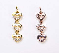 3 Link Heart Charm, 18K Gold  CZ Micro Pave Mini Tiny Heart Charm, Heart Necklace Bracelet Charm,1/6PCS, 6x21mmICP058