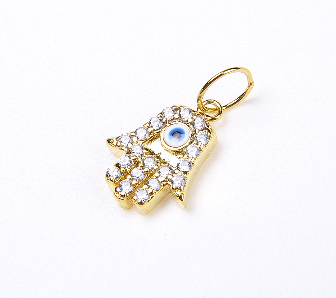 Hamsa Hand Charm, 24K Gold Micro Pave Hamsa Hand Evil Eye Charm, Cubic Zirconia, Hamsa Hand, Gold Evil Eye Charm,15x9mm, CP059