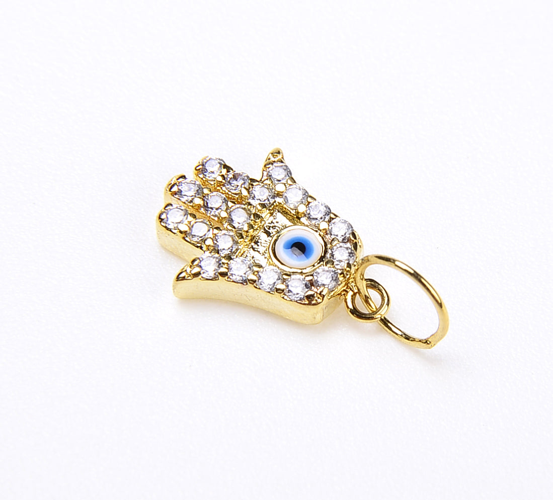 Hamsa Hand Charm, 24K Gold Micro Pave Hamsa Hand Evil Eye Charm, Cubic Zirconia, Hamsa Hand, Gold Evil Eye Charm,15x9mm, CP059