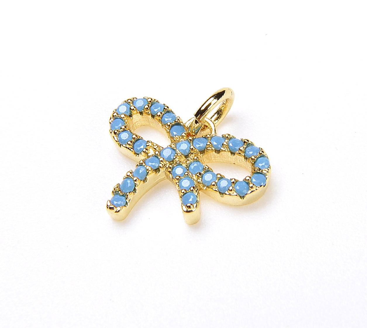 18K Gold Ribbon Charm, Micro Pave CZ Turquoise Ribbon Charm, Gold Ribbon Knots Charm, Bracelet Charm, Ribbon Pendant, 14x14mm, CP062