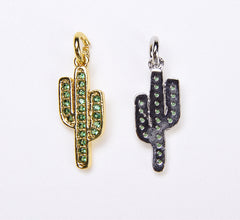 Saguaro Cactus Charm, 22K Gold Micro Pave Cz CACTUS Charm with Green CZ, Gold/White gold/ Black Cactus Charm 7x21mm|CP063