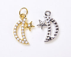 18K Gold Filled Star and Moon Charm/ Pendant, CZ Micro Pave Star & Moon Charm, Moon and Star Necklace/Bracelet, 9x15mm| CP064