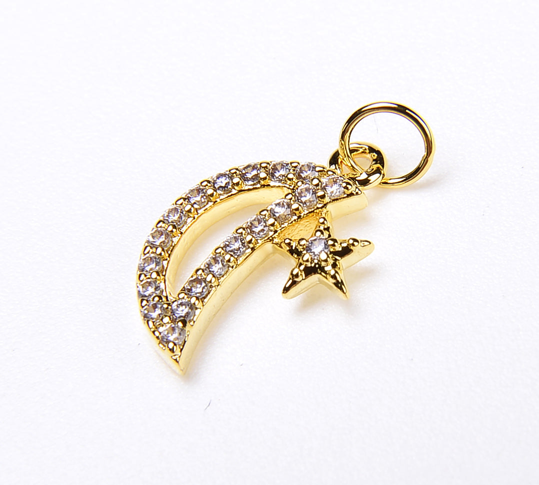 18K Gold Filled Star and Moon Charm/ Pendant, CZ Micro Pave Star & Moon Charm, Moon and Star Necklace/Bracelet, 9x15mm| CP064