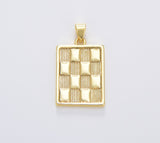 Gold Checkers Pendant Gold Filled Draughts Rectangle Bar Pendant Tag Gold Charm Gold Square Medallion, 25x15mm, CP1688