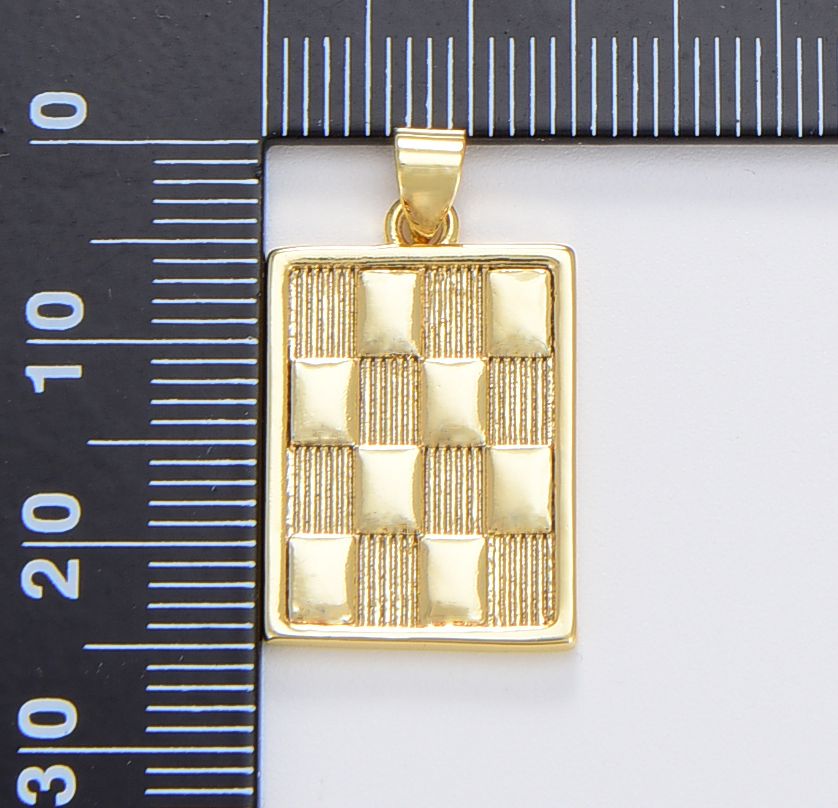 Gold Checkers Pendant Gold Filled Draughts Rectangle Bar Pendant Tag Gold Charm Gold Square Medallion, 25x15mm, CP1688