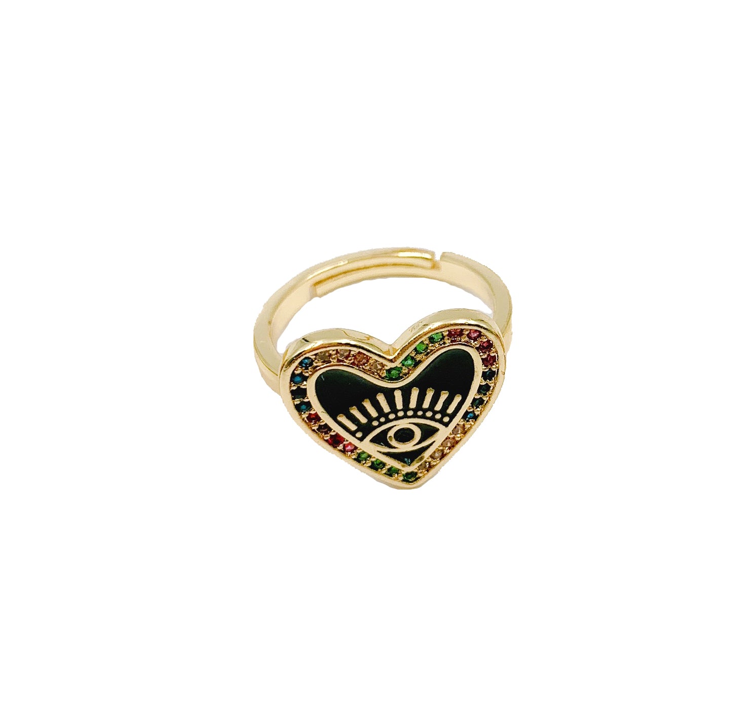 Enamel Heart with Evil Eye Adjustable Ring, Colored CZ Micro Pave Heart Ring, Evil Eye Ring, Heart Ring, Cubic Zirconia, 16x14mm, RG005