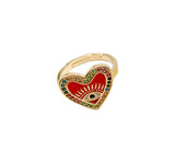 Enamel Heart with Evil Eye Adjustable Ring, Colored CZ Micro Pave Heart Ring, Evil Eye Ring, Heart Ring, Cubic Zirconia, 16x14mm, RG005