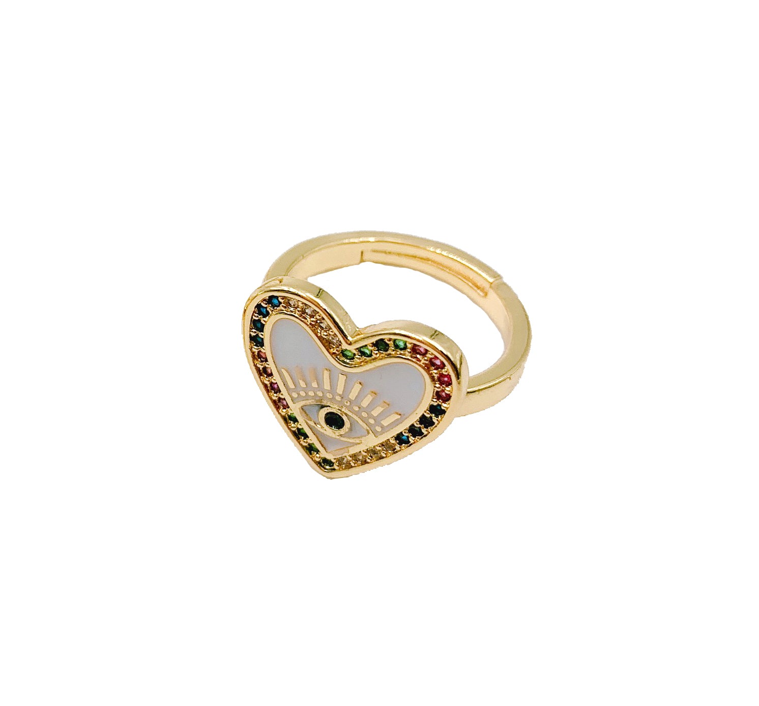 Enamel Heart with Evil Eye Adjustable Ring, Colored CZ Micro Pave Heart Ring, Evil Eye Ring, Heart Ring, Cubic Zirconia, 16x14mm, RG005