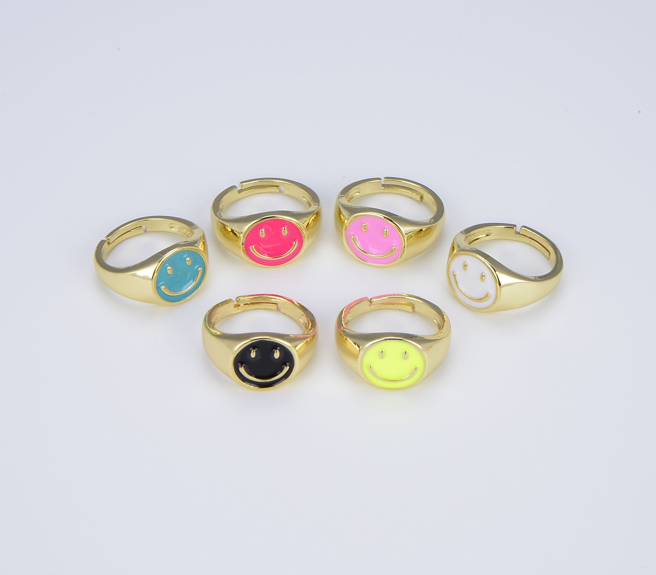 18K Gold Filled Dainty Happy Face Enamel Smiley Adjustable Simple Round Neon Color Stackable Minimalist Happy Smiley Face Ring RG-Batch-04