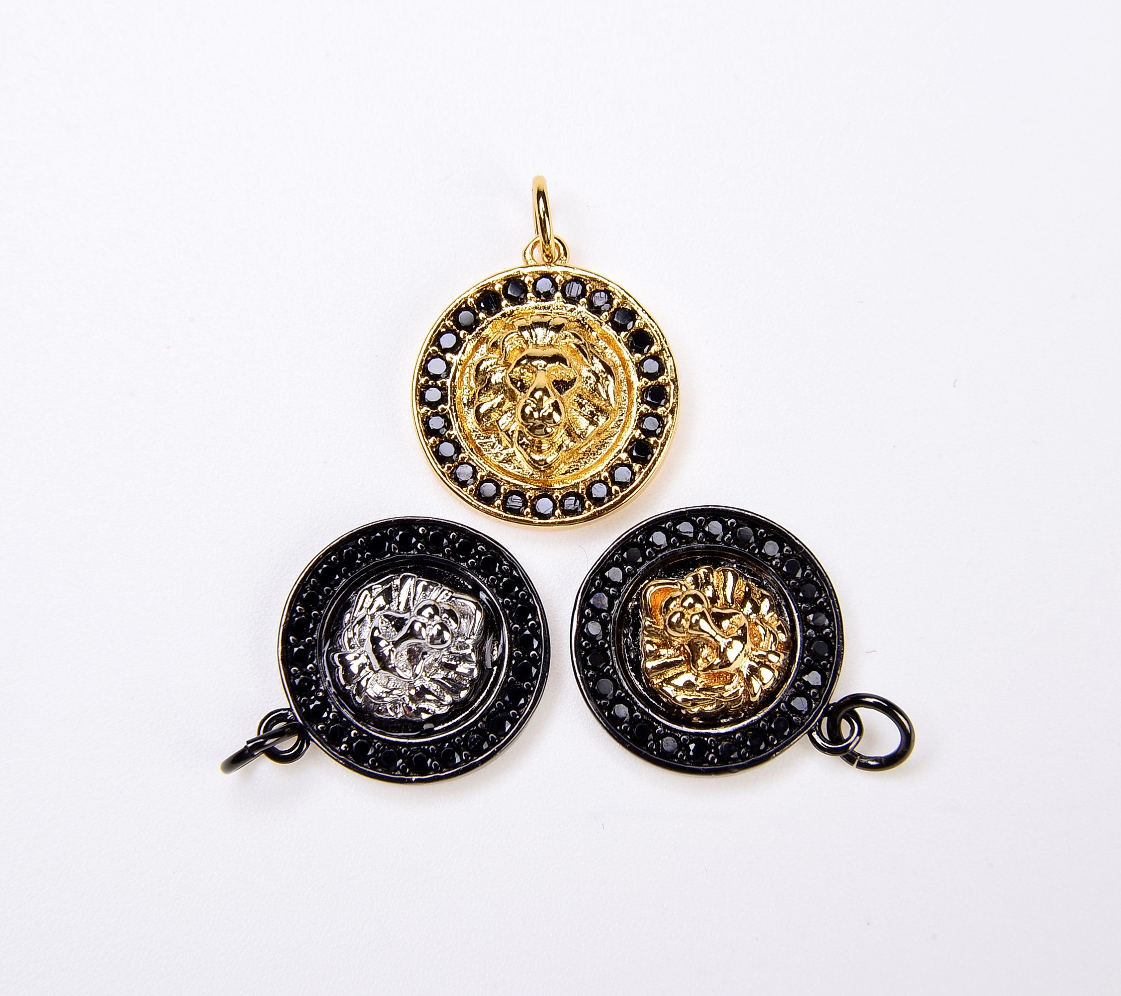 Lion Charm 18K Gold Filled CZ Micro Pave 2-Tone Black & Gold Lion Head Pendant Pave Charm, 20x15mm CP017