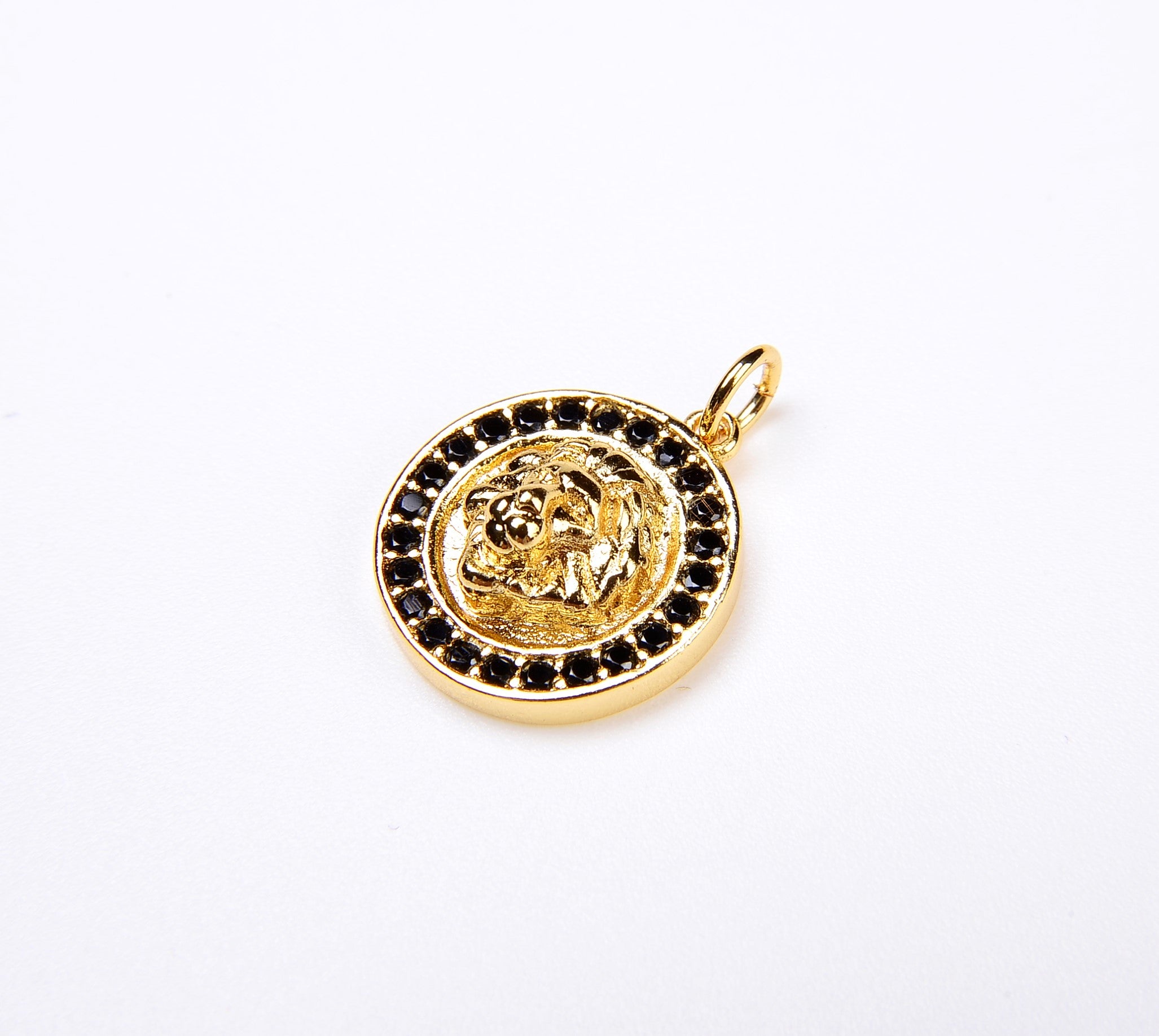 Lion Charm 18K Gold Filled CZ Micro Pave 2-Tone Black & Gold Lion Head Pendant Pave Charm, 20x15mm CP017