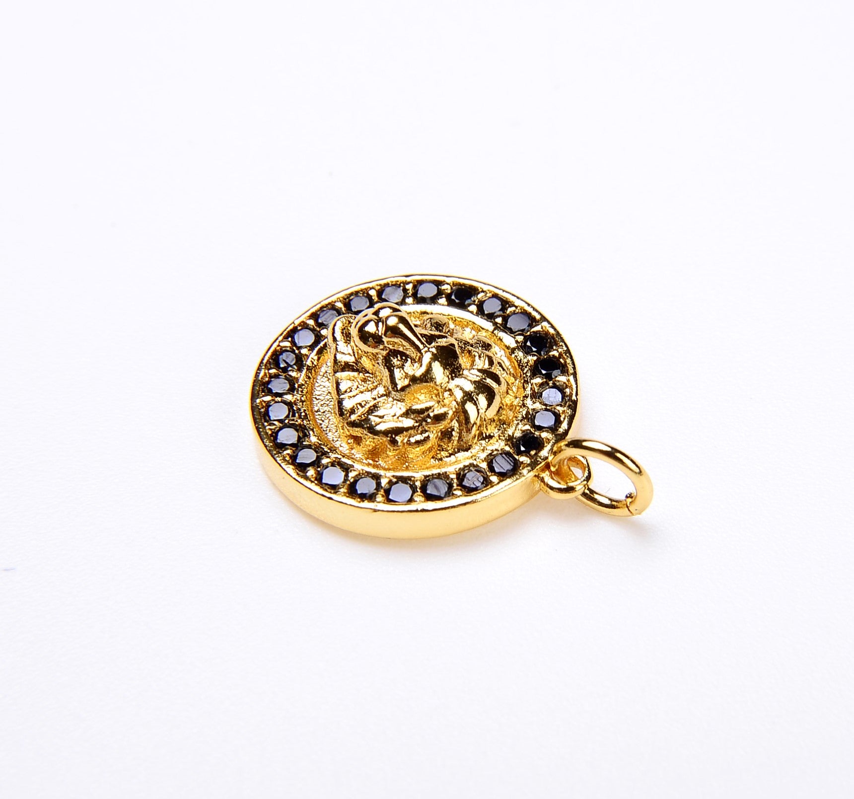 Lion Charm 18K Gold Filled CZ Micro Pave 2-Tone Black & Gold Lion Head Pendant Pave Charm, 20x15mm CP017