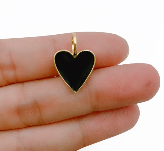 14K Gold Filled Enamel Heart Charm in Black, Bangle Charms, Enamel Charms, Black Enamel Heart Charm, Gold Filled Over Brass, 14/24/34mm, CP1223