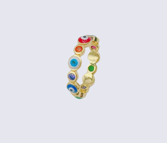 18K Gold Filled Turkish Eyes Dainty Pearl, Sun Burst Solitaire Clear, Minimalist Colorful Enamel Heart Evil Eye Adjustable Rings RG-Batch-02