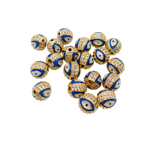 24K Gold Filled Cubic Zirconia Micro Pave Evil Eye Ball Beads, Gold Finish, 8/10mm Black/Pink/Royal Blue/Teal Green/Red/Turquoise Blue Eye Pave Beads, BD067