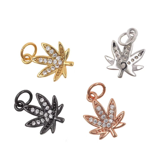 18K Gold Filled Marijuana Leaf Six Leaves Plant Necklace Pendant Micro Pave Leaf Charm Bracelet Earring Charm Bails for Jewelry Making, CP686