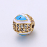 24K Gold Filled Cubic Zirconia Micro Pave Evil Eye Ball Beads, Gold Finish, 8/10mm Black/Pink/Royal Blue/Teal Green/Red/Turquoise Blue Eye Pave Beads, BD067
