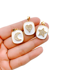 24K Gold White Enamel Star Moon Evil Eye Rectangle Shape Pendant, CP1061