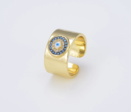 18K Gold Filled Turkish Eyes Dainty Pearl, Sun Burst Solitaire Clear, Minimalist Colorful Enamel Heart Evil Eye Adjustable Rings RG-Batch-02