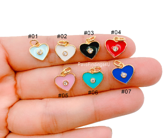 24K Gold Filled Enamel Heart Charm CZ, Heart Charm, Heart Pendant, Heart Necklace, Cubic Zirconia, 10x10mm, CP927