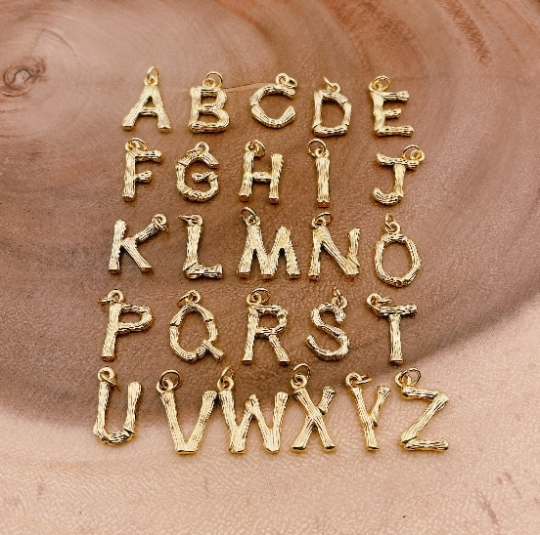 18K Gold Filled Bamboo Initial Letter Alphabet Charms, CP989