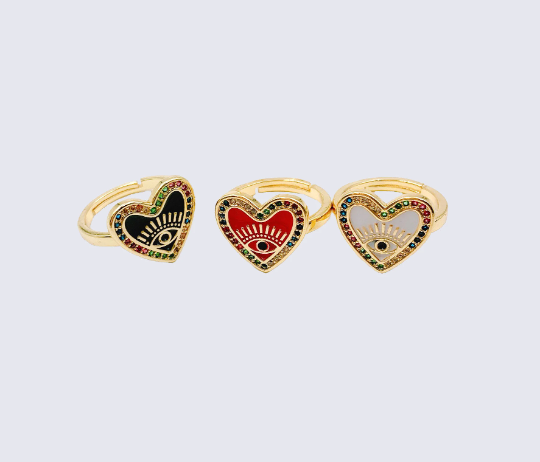 18K Gold Filled Turkish Eyes Dainty Pearl, Sun Burst Solitaire Clear, Minimalist Colorful Enamel Heart Evil Eye Adjustable Rings RG-Batch-02