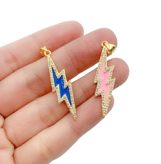 18K Gold Filled CZ Micro Pave Enamel Lightning Bolt Charm, CP913